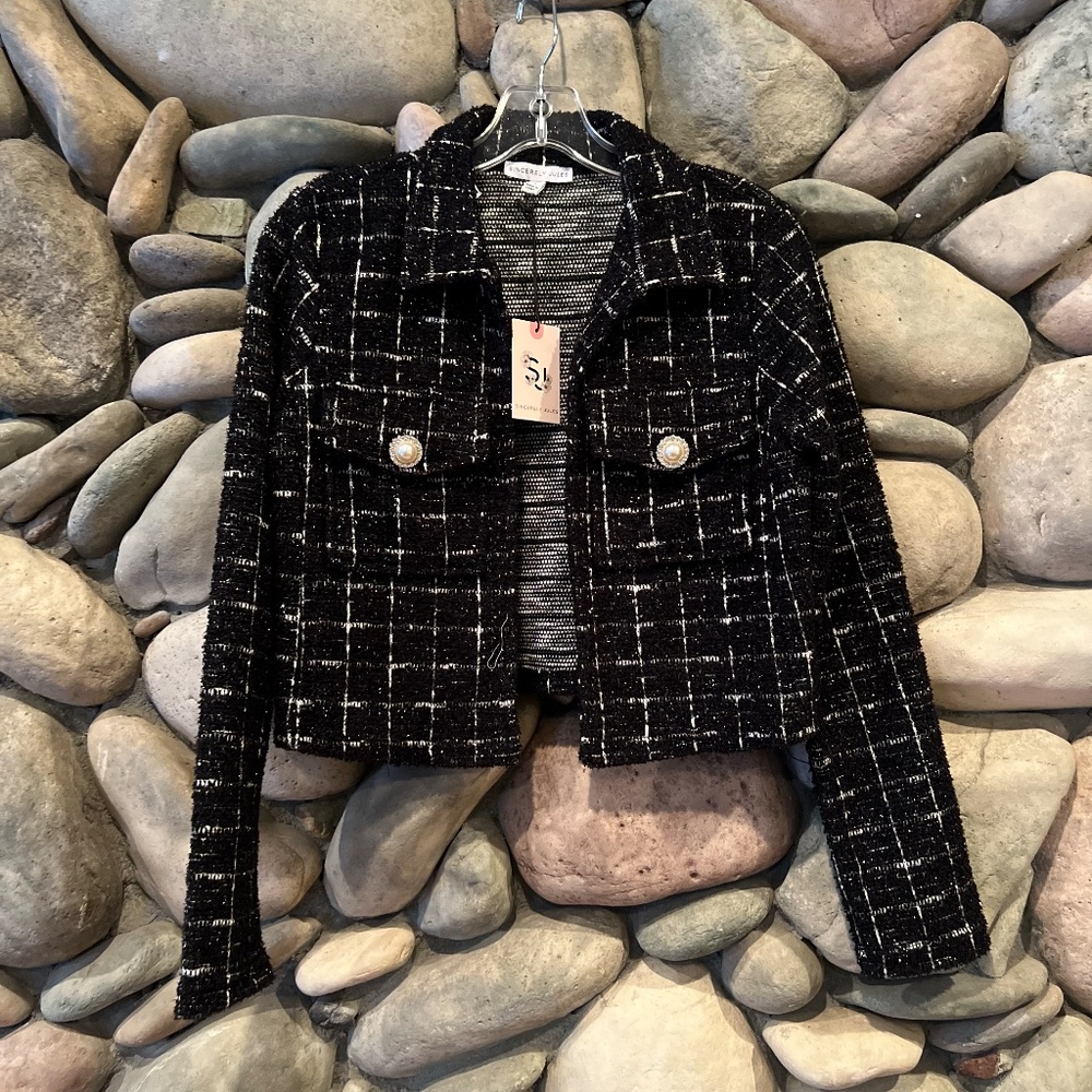 NWT Sincerely Jules Crop Business Jacket - Tweed - Shiny Gold/Black